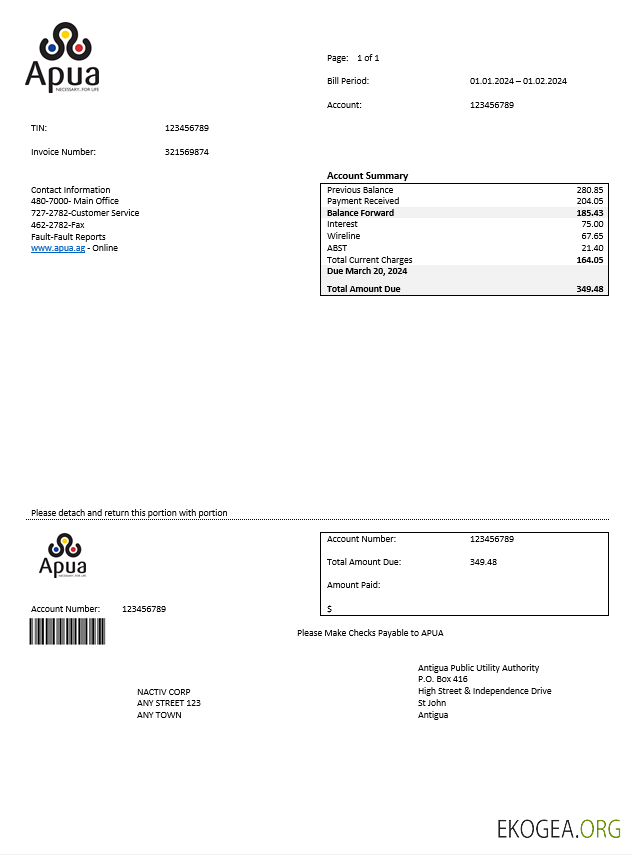 ANTIGUA ET BARBUDA APUA facture de services publics modèle Word et PDF